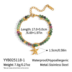 Зеленый Авантюрин Минималистичные браслеты из натурального зеленого авантюрина и цепочек-спутников, 304 Браслеты из нержавеющей стали с подвесками в виде морских звезд для женщин, 6-3/4 дюйм (17 см)