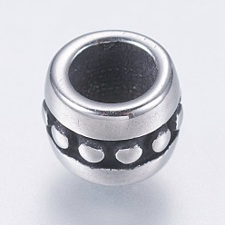 Antique Silver 304 Stainless Steel European Beads, Large Hole Bumpy Beads, Column, Antique Silver, 7x5.5mm, Hole: 4mm