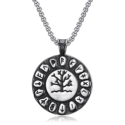 Античное Серебро Тибетский стиль сплав викинг иггдрасиль руна плоский круглый кулон коробка цепь ожерелья, античное серебро, 23.62 дюйм (60 см)