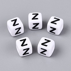 Letter Z Opaque Acrylic Beads, Cube with Number, with Enamel, Black, Letter Z, 7.5~8x7.5~8x8~8.5mm, Hole: 3.6~4mm, about 1200pcs/500g