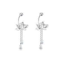 Серебро Латунная кисточка мотаться серьгами, цветок лотоса, серебряные, 30x11 мм