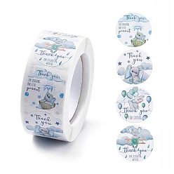 Light Sky Blue 4 Patterns Paper Thank You Gift Sticker Rolls, Round Dot Decals for DIY Scrapbooking, Craft, Elephant Pattern, Light Sky Blue, 25mm, 500pcs/roll