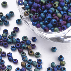 Mittelblau Runde Rocailles, bereift Stil, metallisch, Runde, mittelblau, 2.3x1.5 mm, Loch: 0.8 mm, etwa 30000 Stück / Beutel, etwa 450 g / Beutel