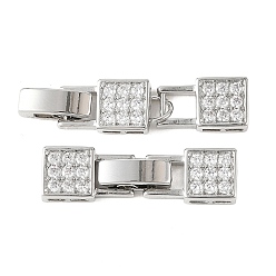 Platinum SHEGRACE Brass Micro Pave Clear Cubic Zirconia Fold Over Claps, Square, Cadmium Free & Lead Free & Nickel Free, Long-Lasting Plated, Platinum, 33x7.5x4mm, Hole: 1mm