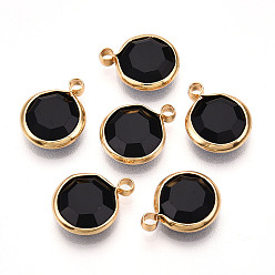 Черный K 9 стеклянные подвески, плоско-круглые, с латунной фурнитурой , граненые, реальный 18 k позолоченный, чёрные, 13.5~14x10.5~11x3.5~4 мм, отверстие : 1.8 мм