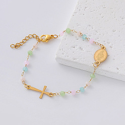 Colorful 304 Stainless Steel Oval Religion Cross Link Resin Beaded Anklets for Women, Golden, Colorful, 6-3/4 inch(170mm)