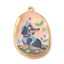 Dog Printed 304 Stainless Steel Enamel Pendants, Oval Charms, Golden, Dog Charms, 33.5x22x3mm, Hole: 2mm