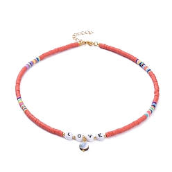 Light Coral Pendant Necklaces, with Polymer Clay Heishi Beads, Natural Abalone Shell Beads, Acrylic Beads and Brass Beads, Flat Round, Word Love, Light Coral, 18.9 inch(48cm)