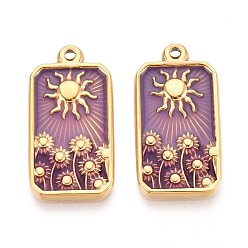 Серо-розавый 304 подвески из нержавеющей стали, с эмалью, прямоугольник с подвеской в виде солнца и цветка, реальный 14 k позолоченный, увядшая роза, 25.5x13.5x2.5 мм, отверстие : 1.5 мм