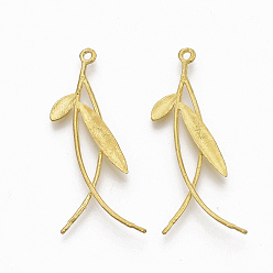 Без Покрытия Латунные подвески под залог, за половину пробурено бисера, без никеля , лист с веткой, сырой (без покрытия), 41x19x2 мм, отверстия: 1.5 мм, штифты: 1 мм