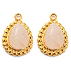 Розовый Кварц Натуральный розовый кварц 304 подвески-капли из нержавеющей стали, золотые, 14x10x5 мм, отверстие : 1.5 мм