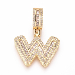 Letter W Латунные микро проложить кубического циркония подвески, буквы, прозрачные, золотые, буква.w, 20x15x3.5 мм, отверстие : 6.5x9 мм