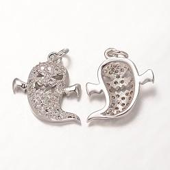 Платинированный Кулоны из латуни с фианитом на Хэллоуин, класс AAA, призрак, без кадмия, без никеля и без свинца, Реальная платина, 15x15x3 мм, отверстие : 2 мм