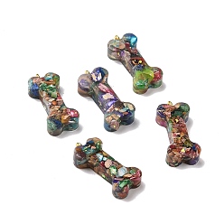 Imperial Jasper Transparent Resin Natural Imperial Jasper Dyed Chips Pendants, with Golden Tone Brass Loops, Bone Charm, 28x12.5x6mm, Hole: 2mm