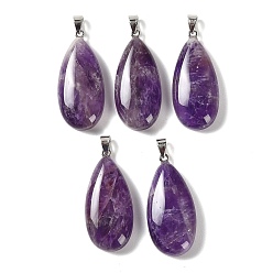 Amethyst Natural Amethyst Pendants, with 304 Stainless Steel Snap on Bails, Teardrop Charm, 44x20x9mm, Hole: 7x4mm