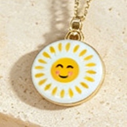 Sol Collares con colgante redondo plano de latón esmaltado para mujer, dorado, amarillo, sol, 15.75 pulgada (40 cm)
