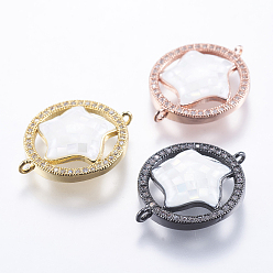 Mixed Color Brass Micro Pave Cubic Zirconia Links, with White Shell, Flat Round with Star, Mixed Color, 17x22x4mm, Hole: 1mm