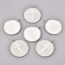 Platinum Alloy Pendant Cabochon Settings, Milled Edge Bezel Cups, Flat Round with Cross, Platinum, Tray: 27mm, 35x30x5.3mm, Hole: 2mm