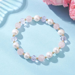 Розовый Кварц Эластичные браслеты из бусин натурального розового кварца и культивированного пресноводного жемчуга, со стеклянными и латунными бусинами, круглый : 9.5 мм, внутренний диаметр: 2-1/8~2-1/4 дюйм (5.5~5.7 см)