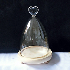 Heart Glass Dome Cover, Decorative Display Case, Cloche Bell Jar Terrarium with Wood Base, Heart, 13.5x21~24cm