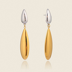 Настоящее золото 18K 304 двухцветные серьги-гвоздики в форме капли из нержавеющей стали, реальный 18 k позолоченный, 72x14 мм
