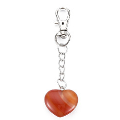 Red Agate Natural Red Agate Keychain, with Brass Lobster Claw Clasps and Iron Chains, Heart, Platinum, 80~86mm