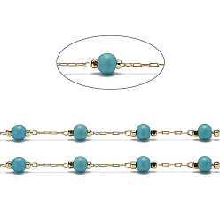 Dark Cyan Handmade Brass Cable Chains, with Dyed Synthetic Turquoise Beads and Spool, Soldered, Long-Lasting Plated, Round, Real 18K Gold Plated, Dark Cyan, 2x1x0.3mm, about 32.8 Feet(10m)/roll