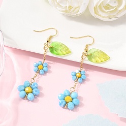 Небесно-голубой Гальванических стеклянные болтаться серьги, цветок, с прозрачным стеклом, золотые, голубой, 68~69x17 мм