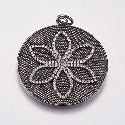 Черный Цвет Металла Латунные микро проложить кубического циркония подвески, плоские круглые с цветком, металлический черный , 37x33x2 мм, отверстие : 4 мм