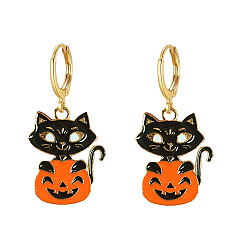 Cat Shape Серьги-кольца из сплава и эмали на Хэллоуин, золотые, форма кошки, 36.6x14.7 мм