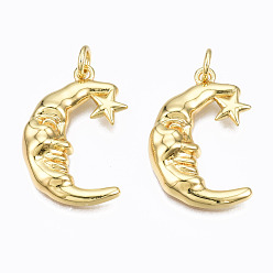 Настоящее золото 16K Латунные подвески, с прыжковых колец, без никеля , Луна и звезды, реальный 16 k позолоченный, 22x15x4 мм, отверстие : 3 мм