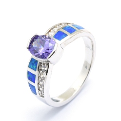 Platin Farbe Zirkonia Fingerringe, mit synthetischen Opal- und Messingbefunden, langlebig überzogen, ellipsenförmige, Größe 7, mauve, Platin Farbe, 17.5 mm