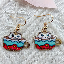 Разноцветный Сплав мотаться серьги, чашка в форме кошки, золотые, красочный, 38 мм