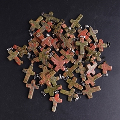 Unakite Natural Unakite Pendants, with Platinum Tone Brass Findings, Cross, 25x18mm