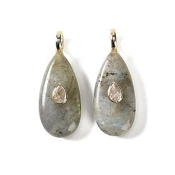 Labradorite Natural Labradorite  Pendants, Teardrop Charms with Brass Micro Pave Cubic Zirconia Findings, Golden, 38.5x15.5x9mm, Hole: 3.5mm