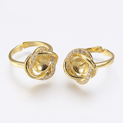 Golden Brass Finger Cup Peg Ring Settings, with Cubic Zirconia, For Half Drilled Beads, Lead Free & Cadmium Free & Nickel Free, Flower, Size 7, Golden, Tray: 7mm, 17mm, Pin: 0.5mm