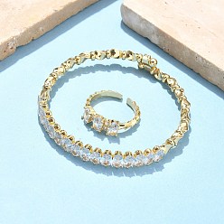 Прозрачный Овальные латунные браслеты-манжеты и кольца с микропаве из кубического циркония для женщин, стойки покрытие, реальный 18 k позолоченный, прозрачные, браслет: 7ширина мм, внутренний диаметр: 59.5x55 мм