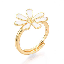 Белый Цветочная латунная эмаль регулируемые кольца, для полуполых бусин , реальный 18 k позолоченный, белые, штифты : 0.8 мм, Цветок: 17x17 мм