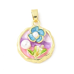 Плоский Круглый Латунь эмаль подвески, с абс пластмассовой имитационной жемчужиной, долговечный, без кадмия и без свинца, стойки покрытие, реальный 18 k позолоченный, цветок, плоско-круглые, 23.5x20x7.5 мм, отверстие : 6.4x3 мм