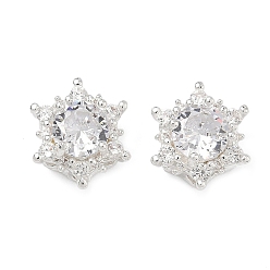 Прозрачный Латунные звенья с инкрустацией кубическим цирконием, шестиугольный цветок, 925 серебро покрытием, прозрачные, 14x13.5x7.5 мм, отверстие : 1.8 мм