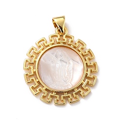 Floral White Eco-Friendly Brass Pendants, Long-Lasting Plated, with Natural Shell, Real 18K Gold Plated, Cadmium Free & Lead Free, Round with Jesus Pattern, Floral White, 26.5x23.5x2.5mm, Hole: 4.5x3.5mm