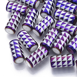 Purple Electroplate Glass Beads, Column with Triangle Pattern, Purple, 20x10mm, Hole: 1.2mm, about 50pcs/bag