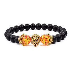 Золотой Браслеты из натуральных матовых круглых бусин, Натуральные крашеные бусины императорской яшмы и сплава с тигровыми подвесками, эластичные браслеты для мужчин и женщин, золотые