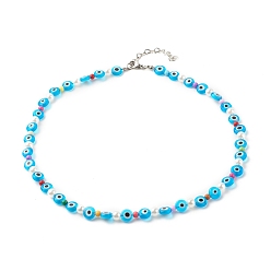 Deep Sky Blue Beaded Necklaces, with Lampwork & Acrylic & ABS Plastic Beads, 304 Stainless Steel & Brass Findings, Eye, Deep Sky Blue, 45.3cm