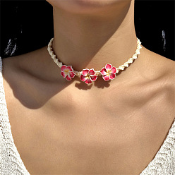 Темно-Розовый Регулируемое летнее пляжное тройное ожерелье-чокер из полимерной глины с цветочным узором, скрученное и плетеное из вощеного шнура, для женщин., темно-розовыми, 39.37 дюйм (100 см)