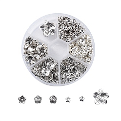 Argent Antique De style tibétain casquettes alliage de perles, fleur, 5 pétales, argent antique, 8x2 cm, à propos de 540 pcs / boîte