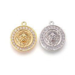 Platinum & Golden Brass Micro Pave Cubic Zirconia Pendants, Long-Lasting Plated, Flat Round with Lion Head, Clear, Mixed Color, 18x16x4mm, Hole: 1.2mm