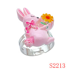 Кролик Пасхальные кольца из смолы с железными гвоздиками для девочки, платина, кролик, внутренний диаметр: регулируемый