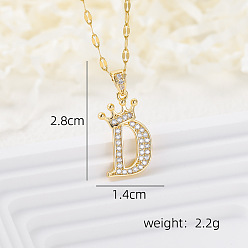 Letter D Латунные микропаве прозрачные кубические цирконии корона инициал кулон ожерелья, реальный 18 k позолоченный, Буква D, 15.75 дюйм (40 см)