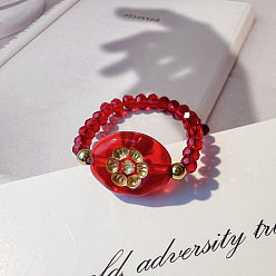 Roja Anillos de metal dorado entrelazados hechos a mano con la técnica del soplado de vidrio y 201 anillos de acero inoxidable con cuentas, anillos elásticos para mujer, ovalada con flores, dorado, rojo, 17 mm